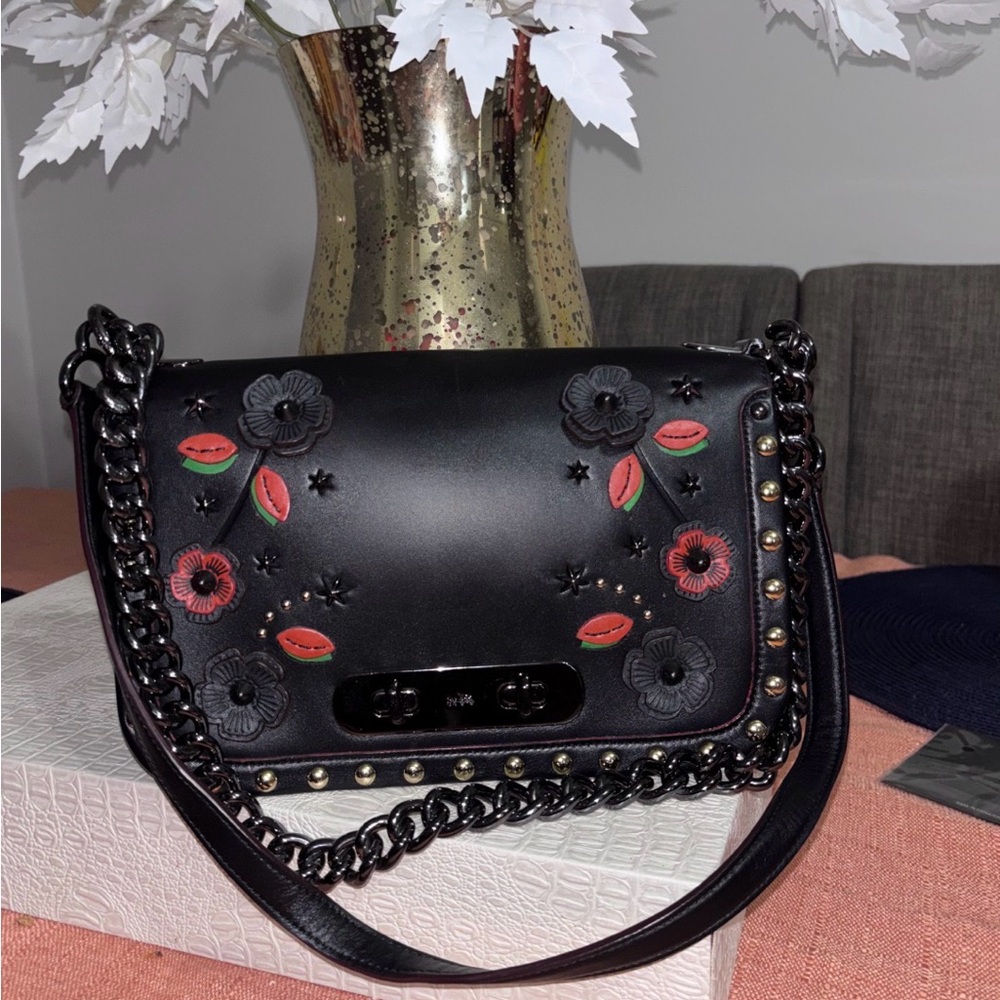Floral Embellished Black Shoulder COACH Bag
